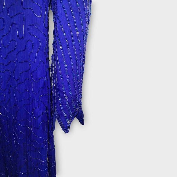 VTG Denise Elle Formal Gown‎ Sz Medium Blue Silk Beaded 80s Maxi Mermaid Glam - Picture 7 of 16